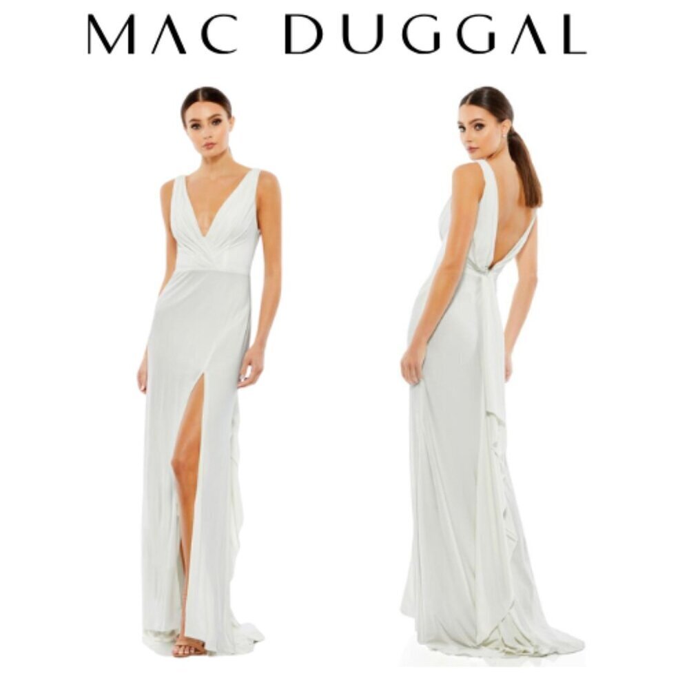 Mac Duggal  White Jersey Knit Evening Gown with Modern Wrap Detailing Size 4 NWT